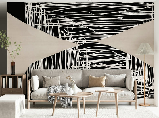 Black and beige abstract wall mural creating contrast in a living room, GD5492
