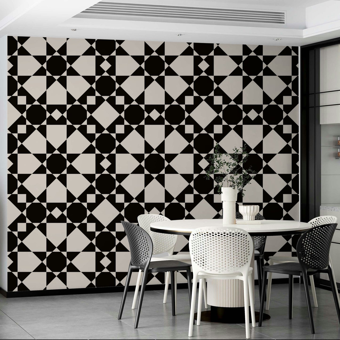 A modern bedroom decorated with a geometric mural, GD4461