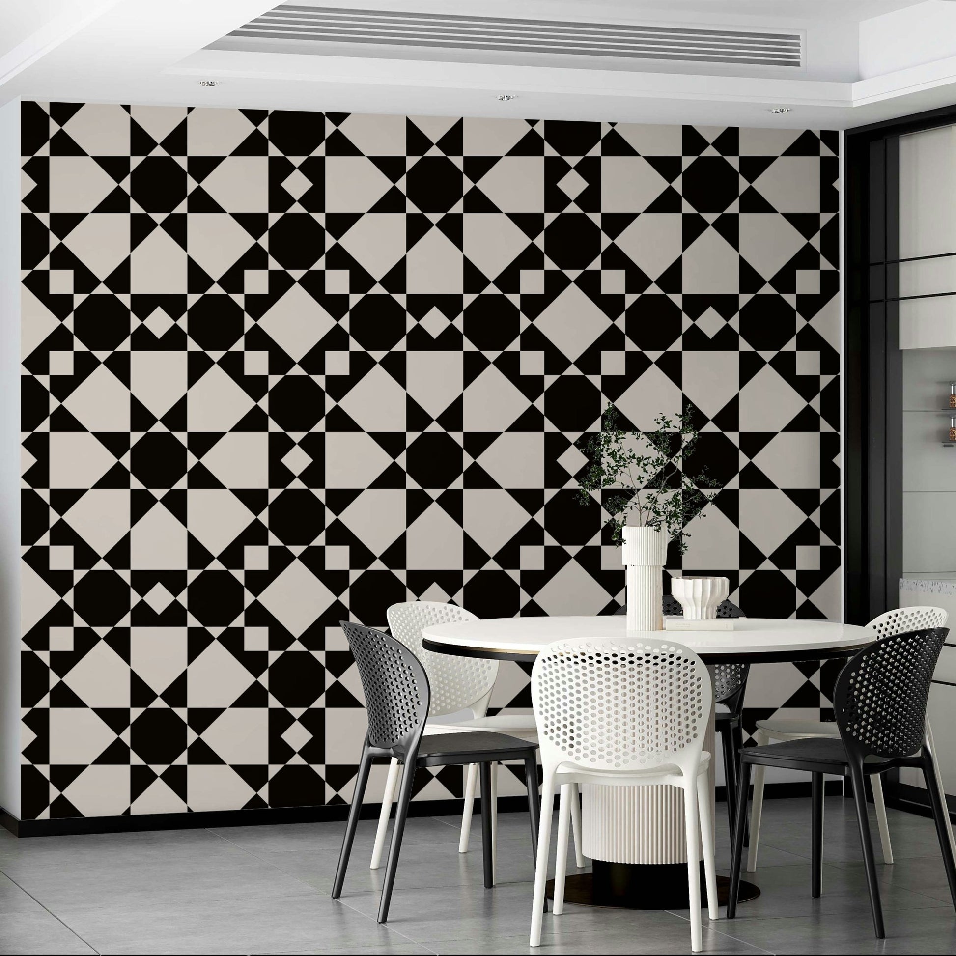 A modern bedroom decorated with a geometric mural, GD4461