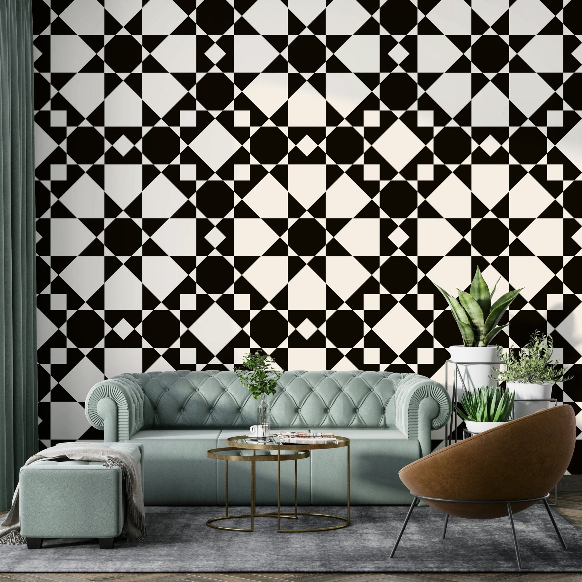 A dining area with a unique geometric art mural, GD4461