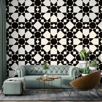A dining area with a unique geometric art mural, GD4461