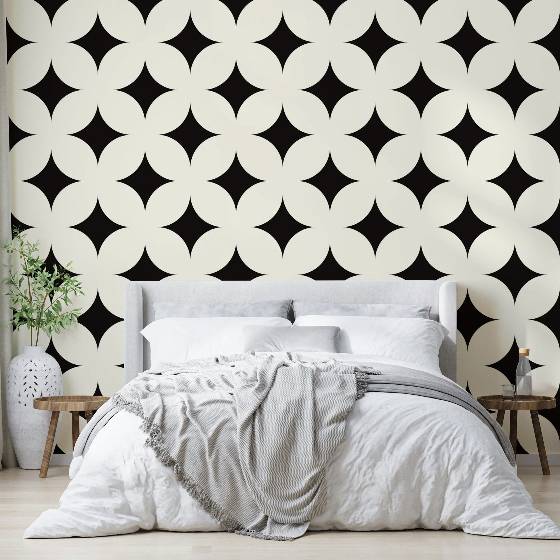 Geometric stars wallpaper on a living room wall

