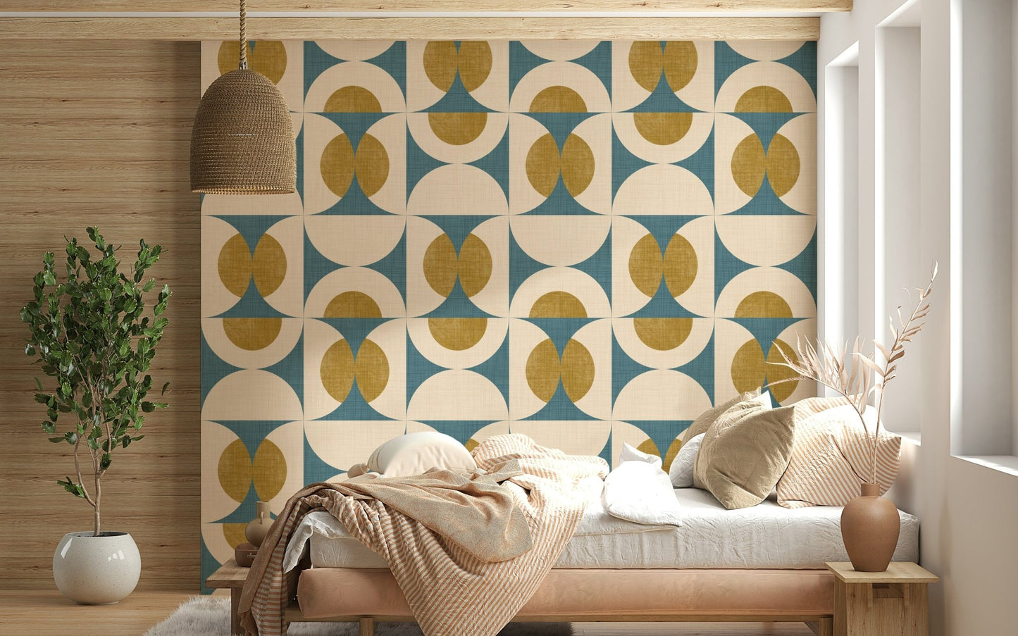 Geometric Tile Wallpaper Aquamarine blocks, fibrous mid-mod decor.