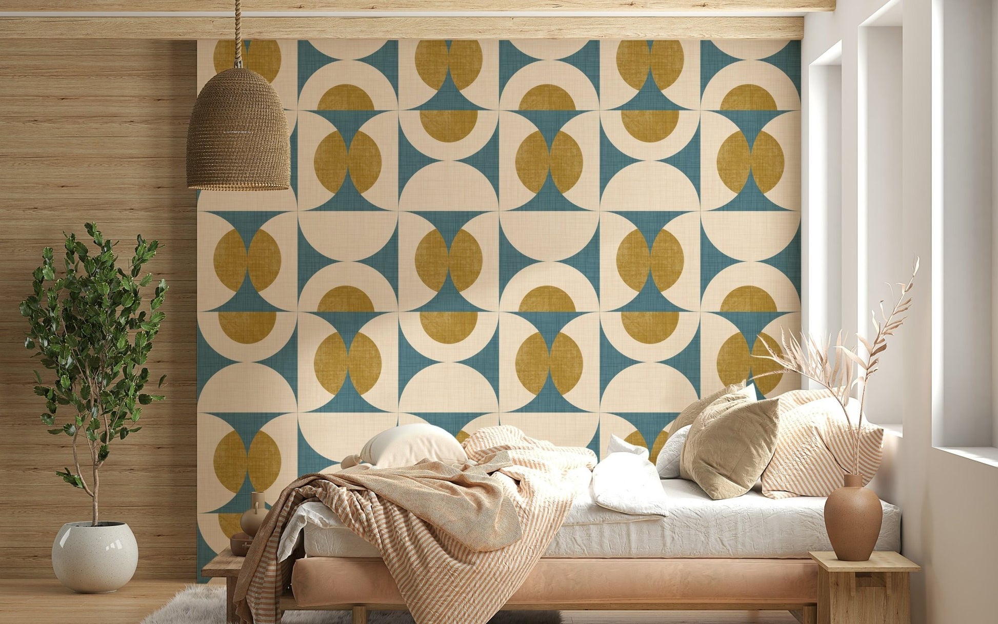 Geometric Tile Wallpaper Aquamarine blocks, fibrous mid-mod decor.