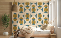 Geometric Tile Wallpaper Aquamarine blocks, fibrous mid-mod decor.