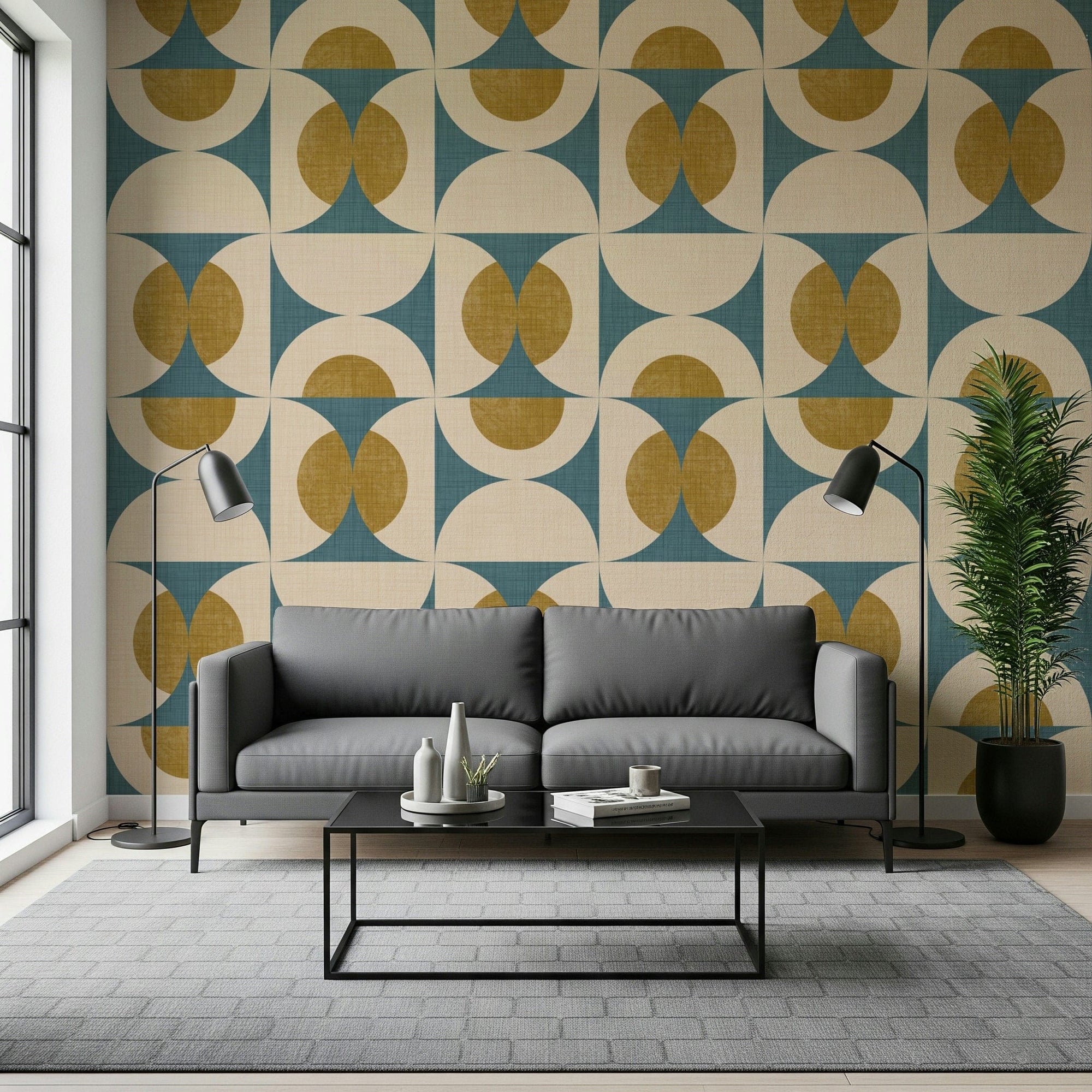 Geometric Tile Wallpaper Mustard and teal wall mural, lofted pattern., GD6588