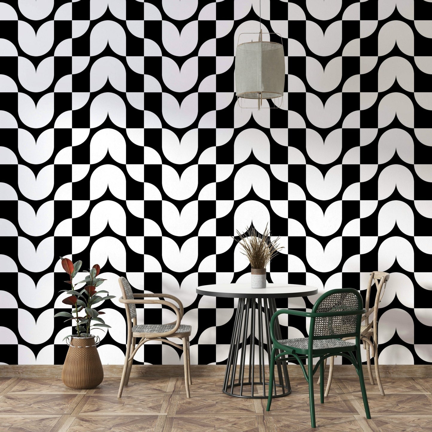 Geometric Tulips wallpaper on a living room wall

