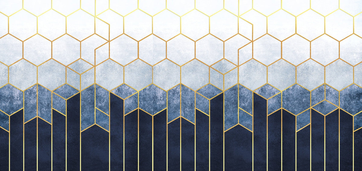 Blue & Gold Hexagonal Pattern Geometric wallpaper Murals in your room — zoomed