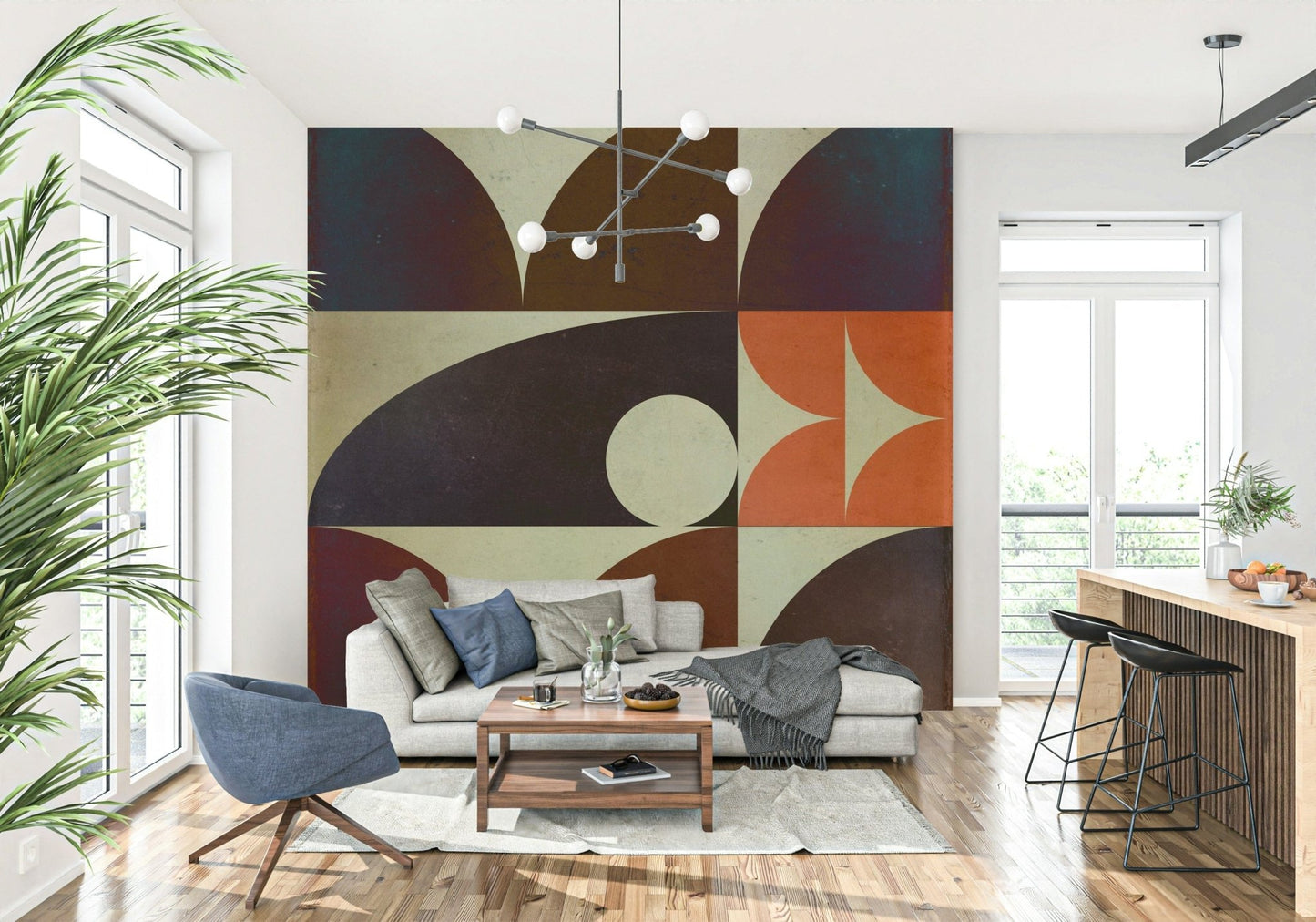Mid-century styled space showcasing the simple peel and stick Geometrica Fall Wall Mural.