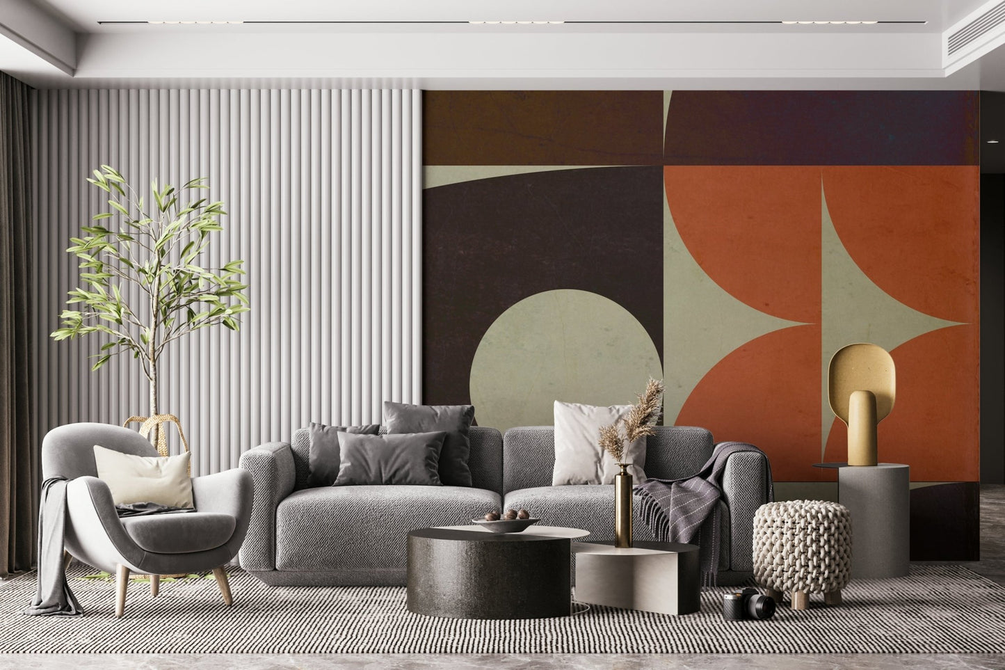 Light accentuating the distressed texture of the Geometrica Fall Wall Mural design.