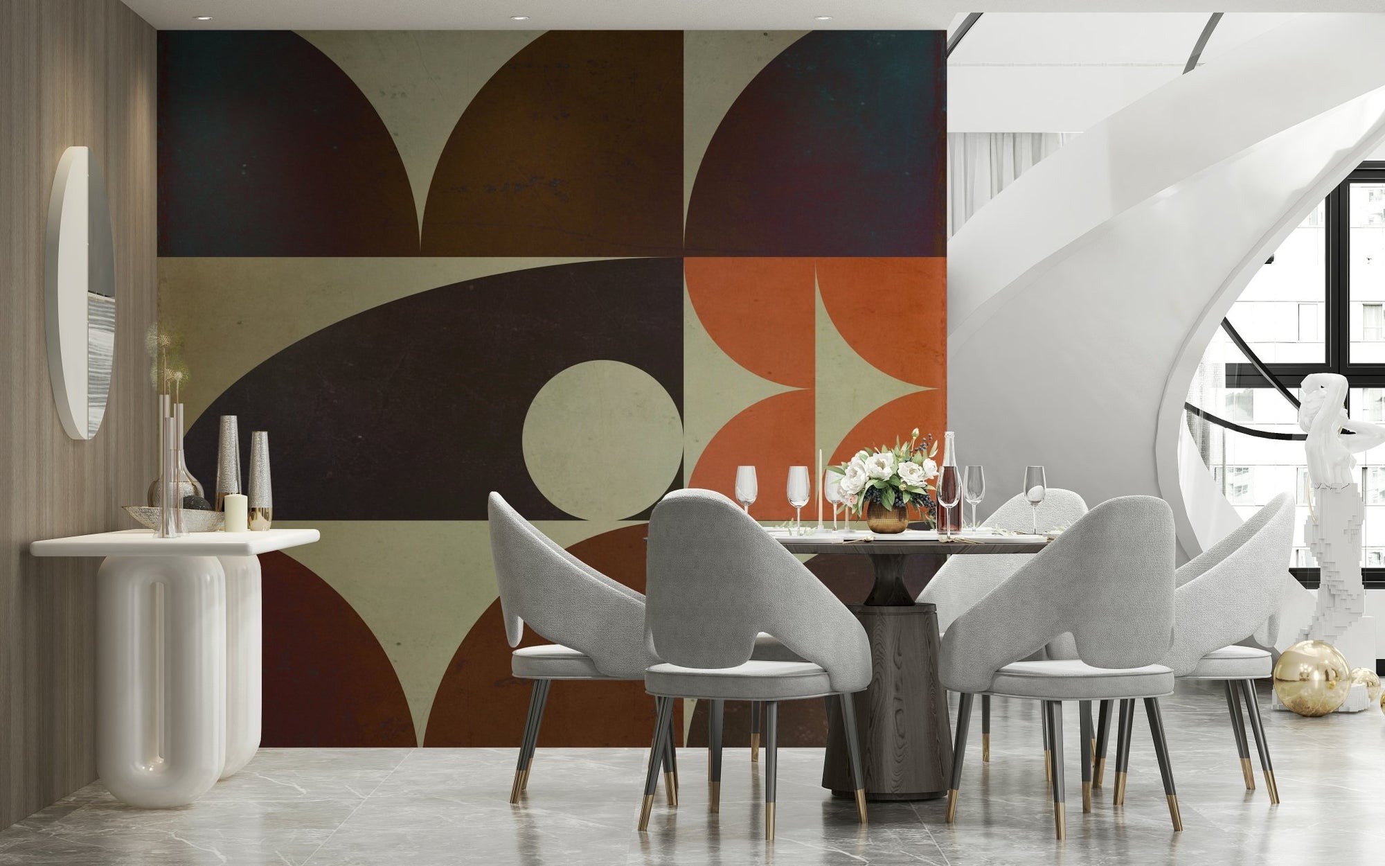 Bedroom feature wall highlighting the circles in Geometrica fall Wall Mural., GD6403