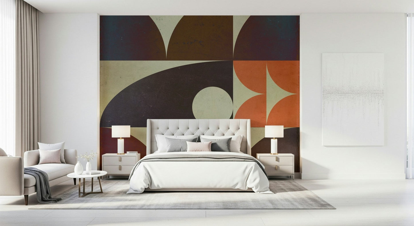 Design layout of the beautiful Geometrica Fall Wall Mural enhances a den area.