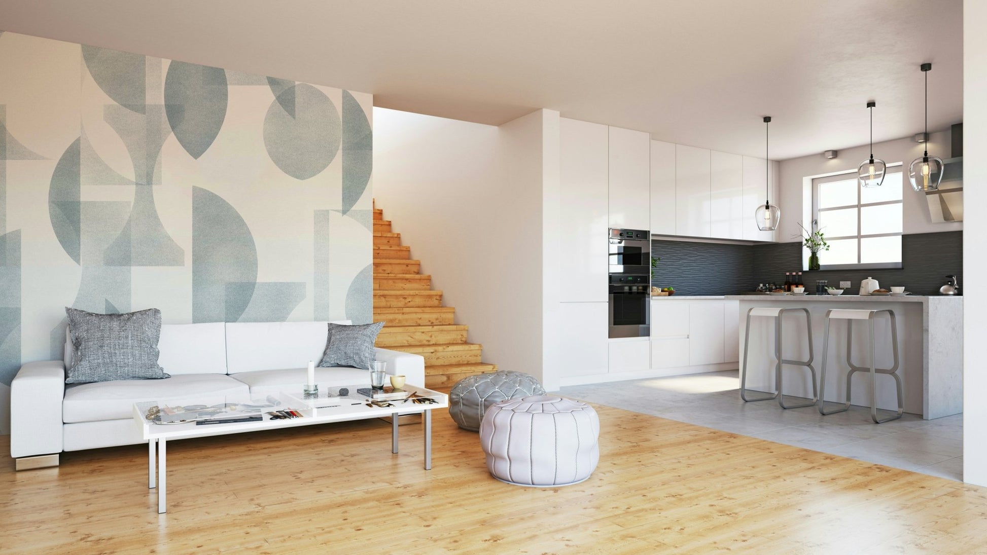 The image features a repeating design of shapes like arches and circles.
