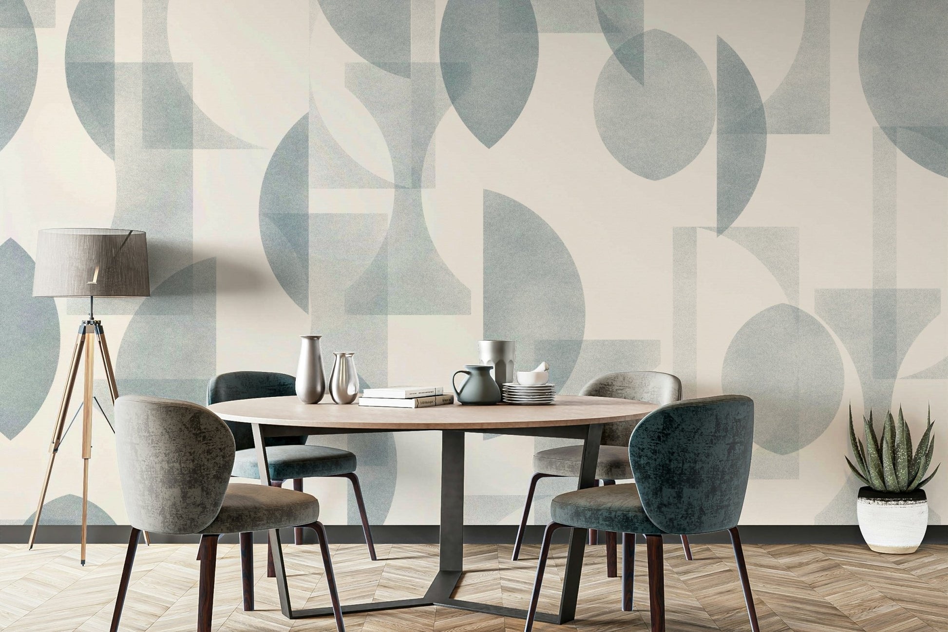 This wallpaper is suitable for a living room, dining room, or a contemporary space.
