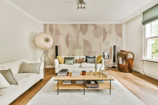 A full-wall mural of a modern, geometric pattern.
