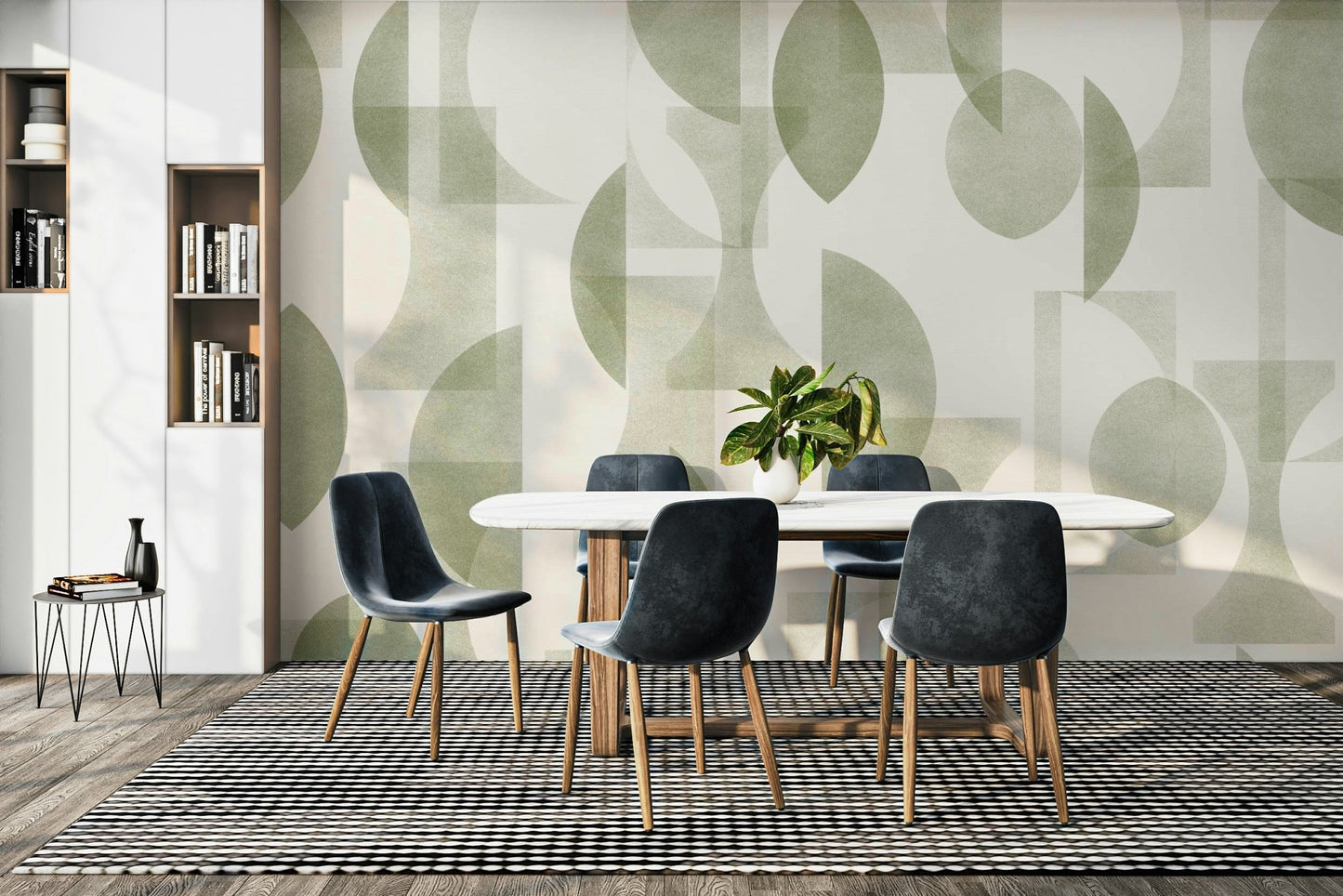This wallpaper is suitable for a living room, dining room, or a contemporary space.
