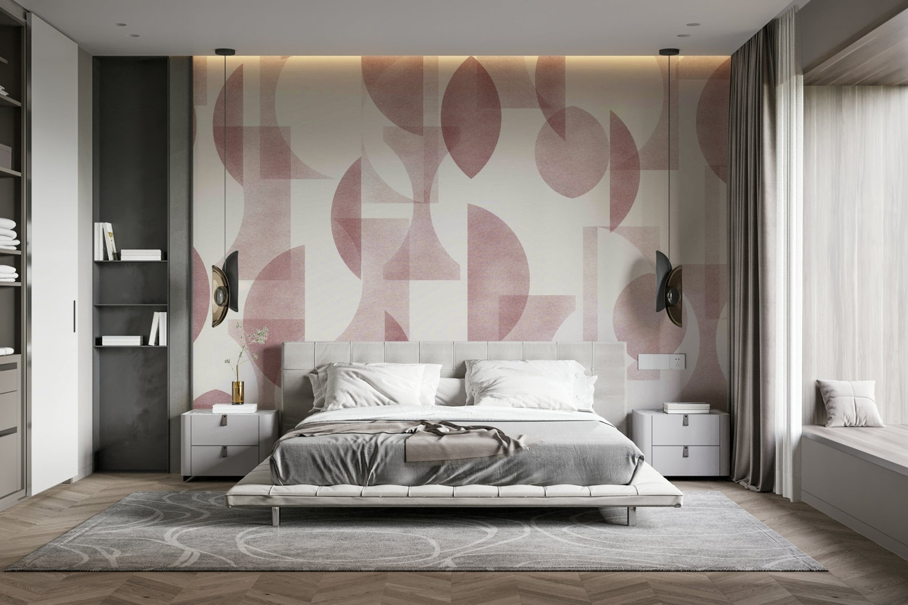 A full-wall mural of a modern, geometric pattern.

