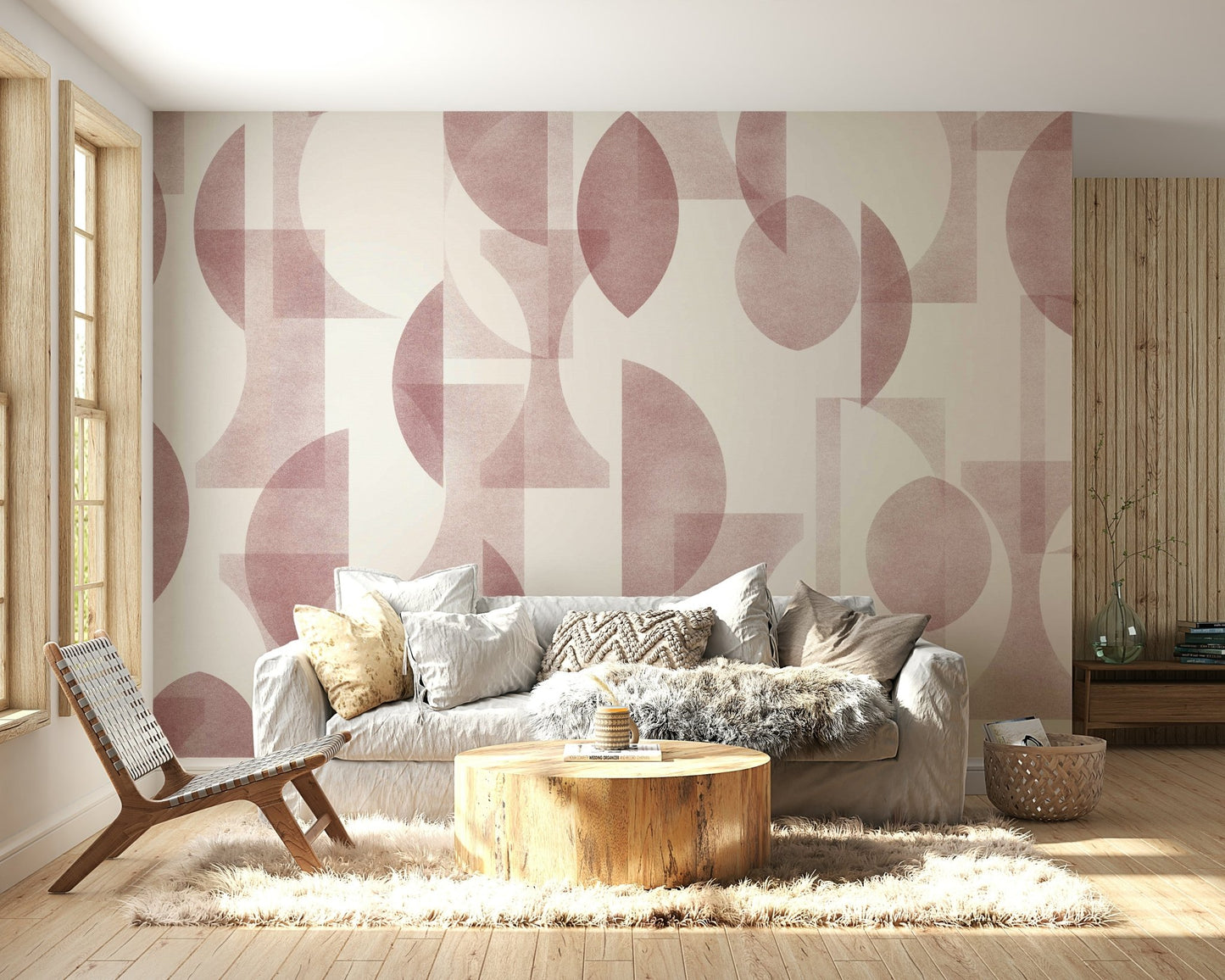 The image features a repeating design of shapes like arches and circles.
