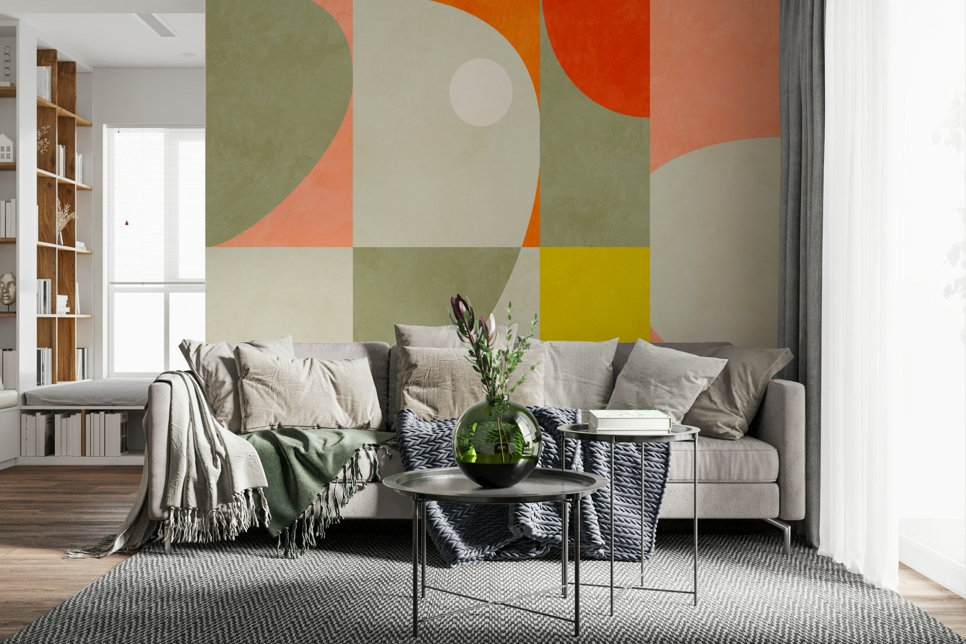A peaceful geometric design mural on decorative wallpaper.