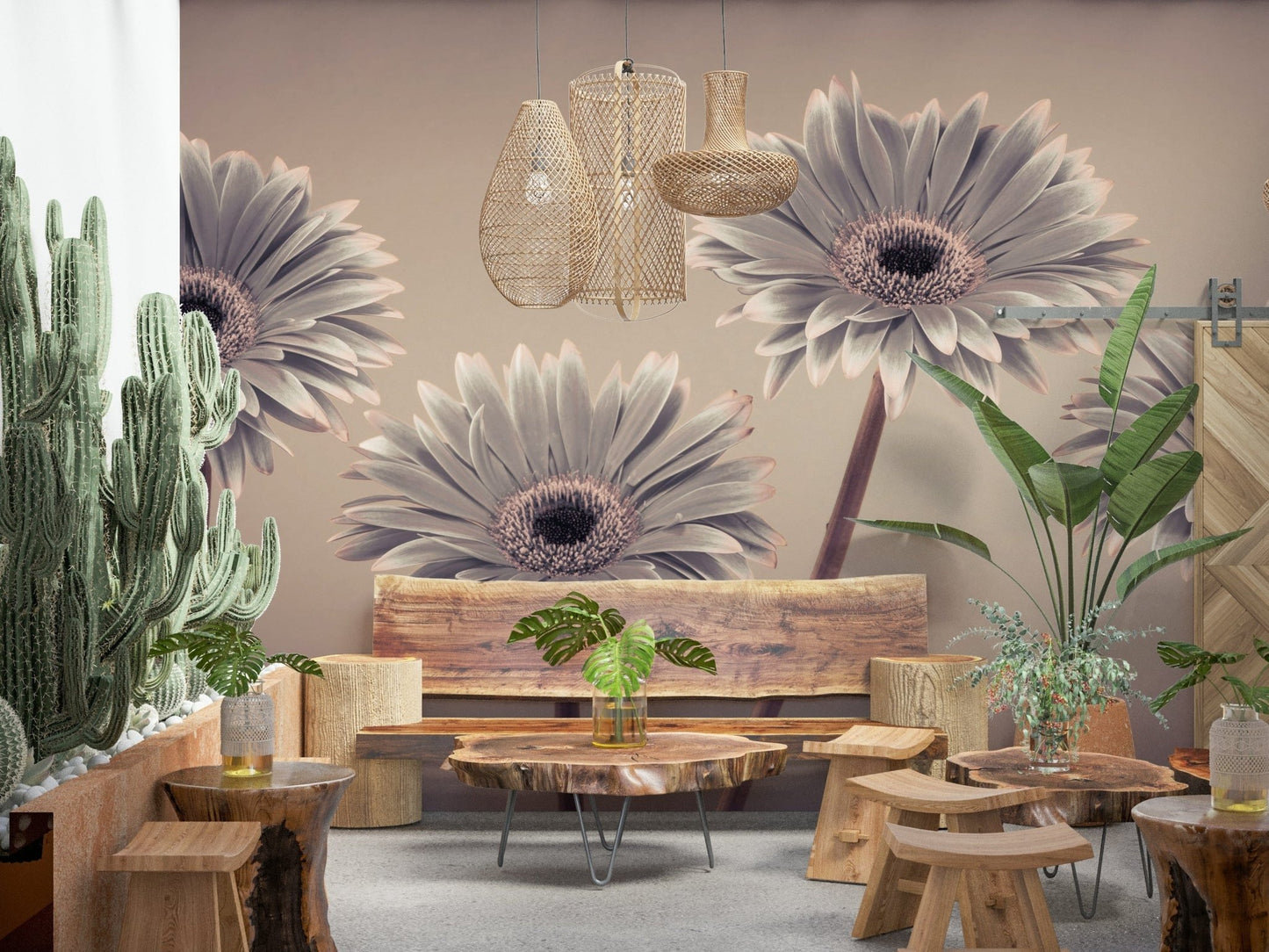 Tranquil sepia flowers Gerbera Calm Wall Mural, soothing peel and stick wallpaper.