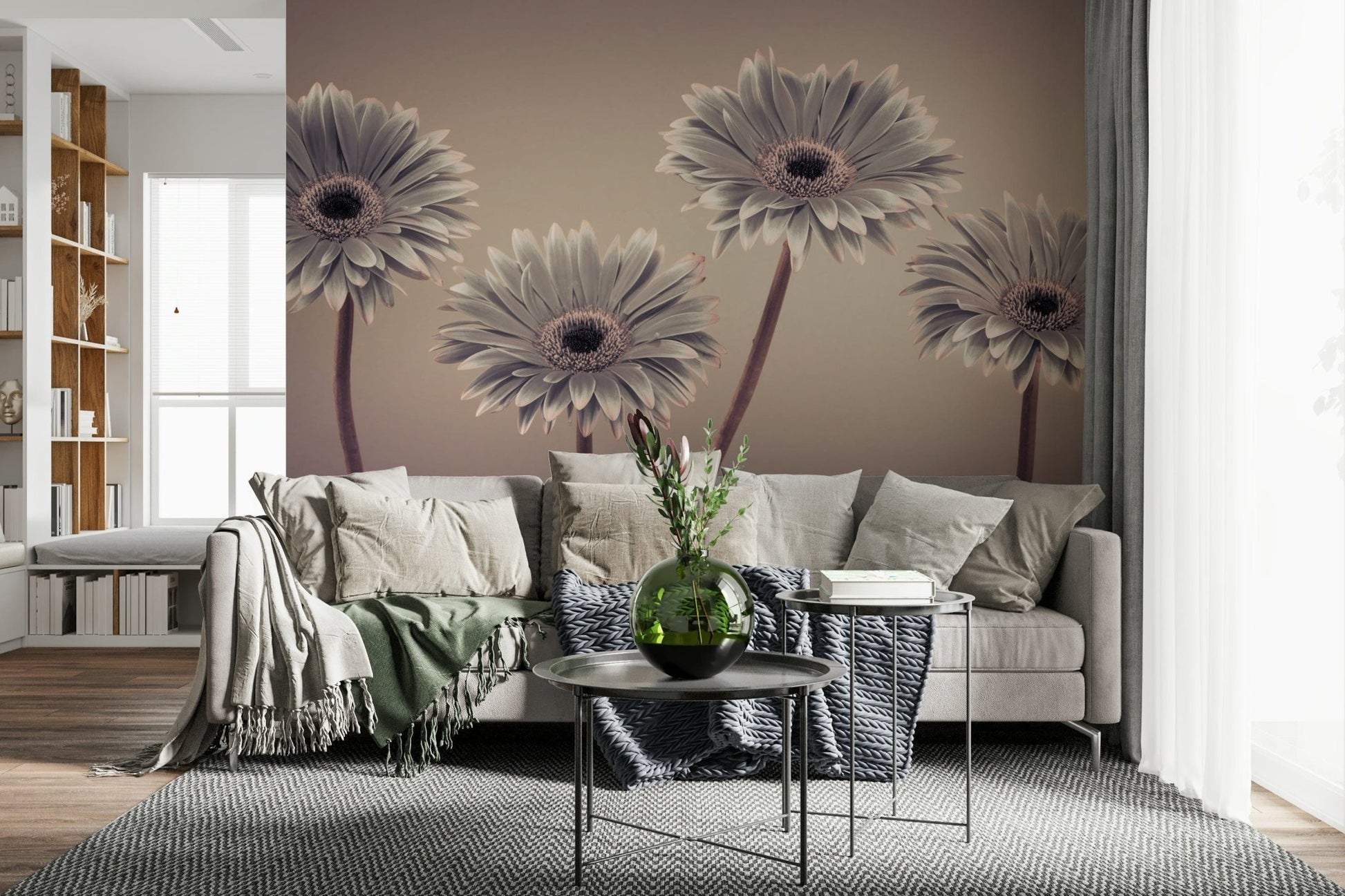 Muted pink and gray Gerbera Calm Wall Mural, calming interior wall decor.