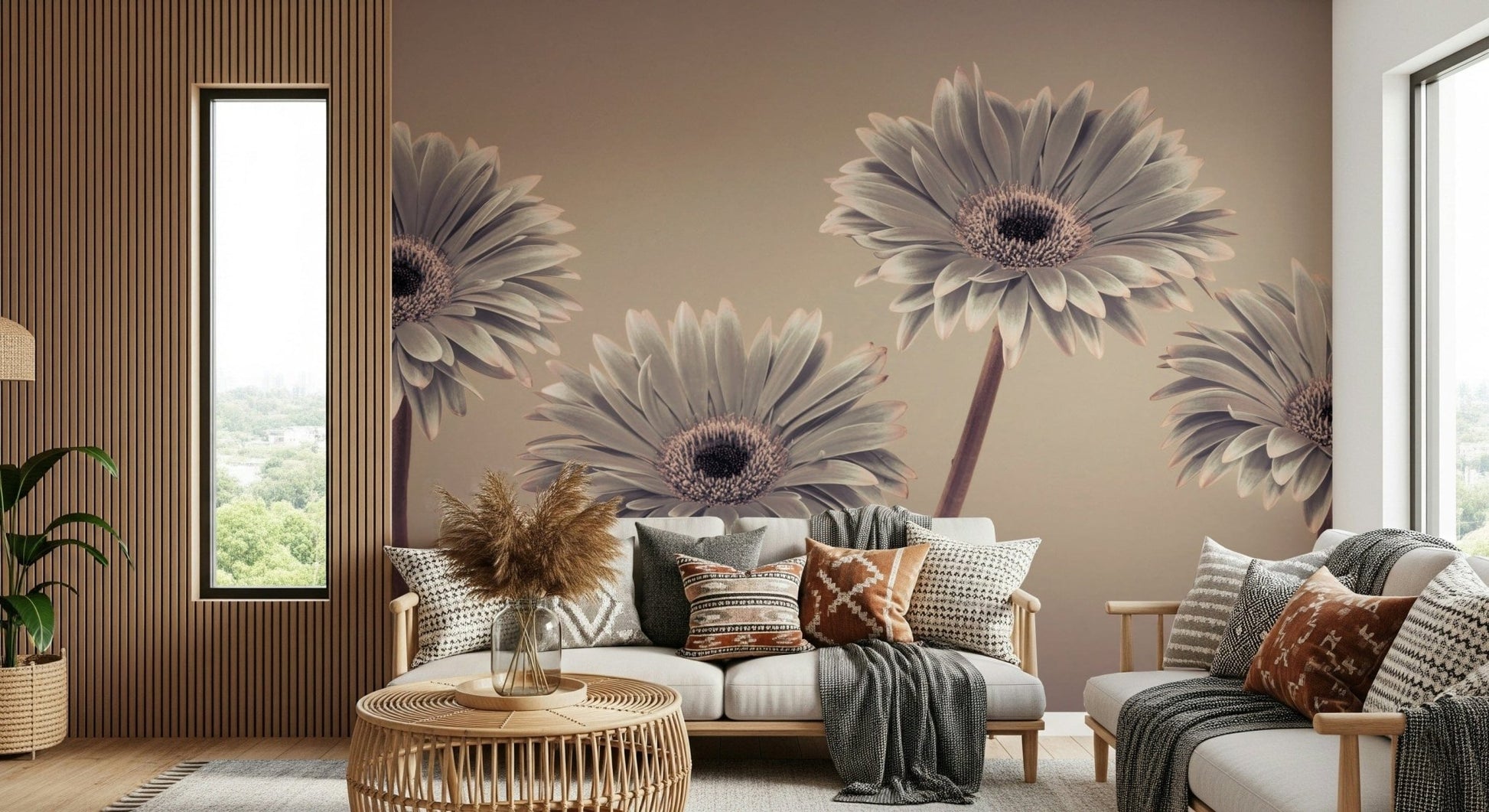 Large format floral Gerbera Calm Wall Mural, beautiful accent wall wallpaper.