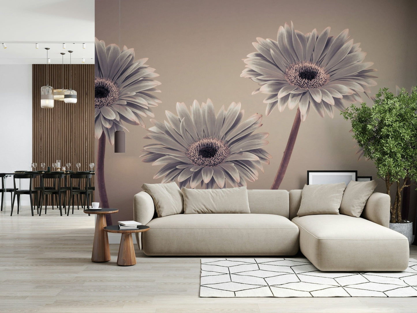 Four subtle Gerbera daisies Gerbera Calm Wall Mural, elegant botanical wall art.