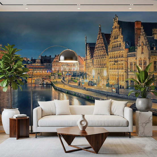 Elegant living room with Ghent Lights Wall Mural and glowing canal view, GD8076