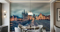 In this dining nook, Ghent's Twilight Glow Wall Mural adds warm twilight architecture, GD7986