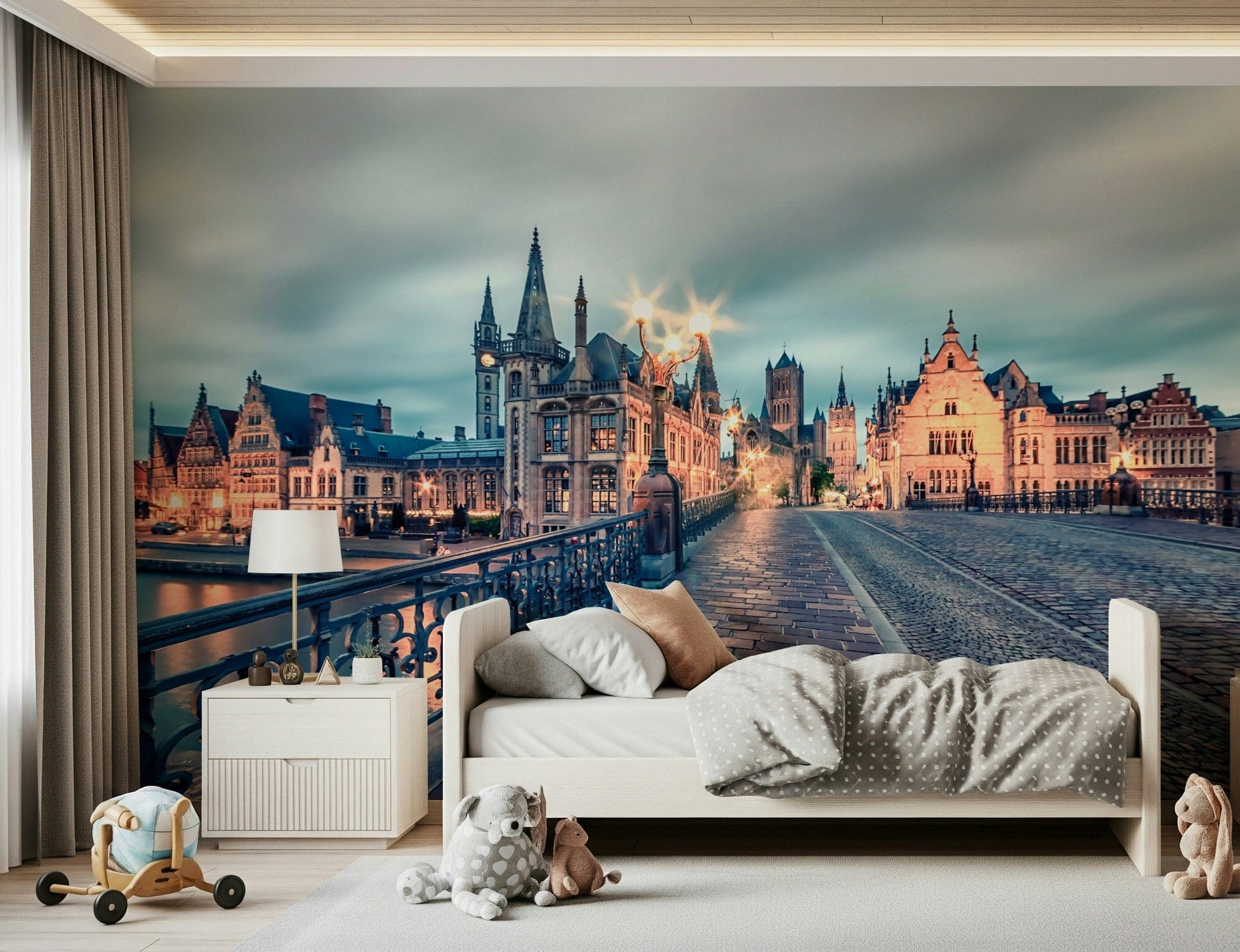 Natural daylight softens the dramatic city scene of Ghent's Twilight Glow Wall Mural here, GD7986