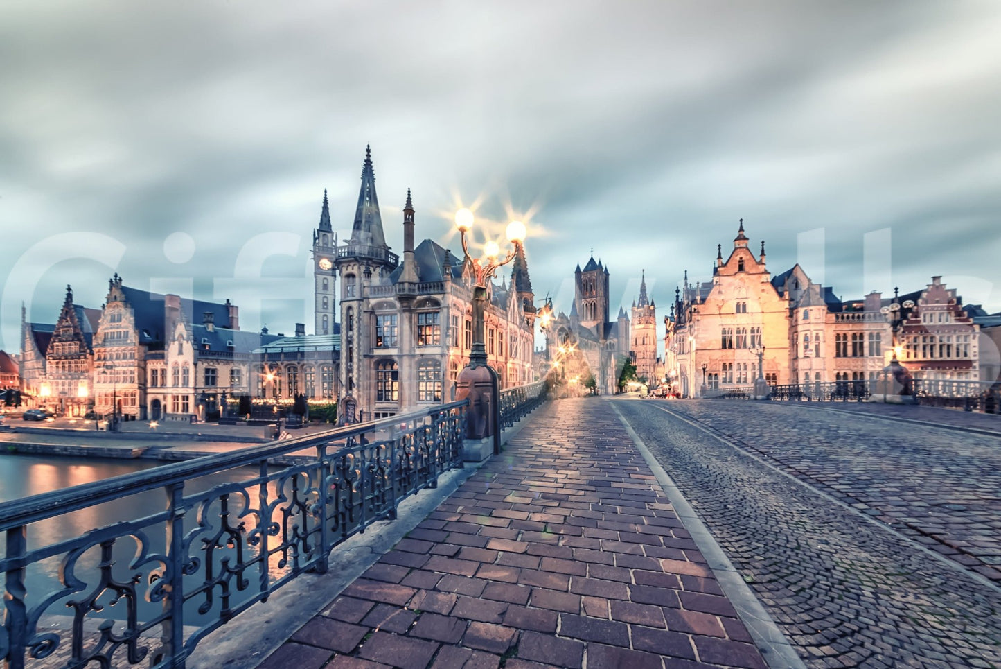 Ghent's Twilight Glow wall mural with cobbled bridge and illuminated historic buildings, GD7986