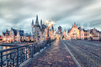 Ghent's Twilight Glow wall mural with cobbled bridge and illuminated historic buildings, GD7986