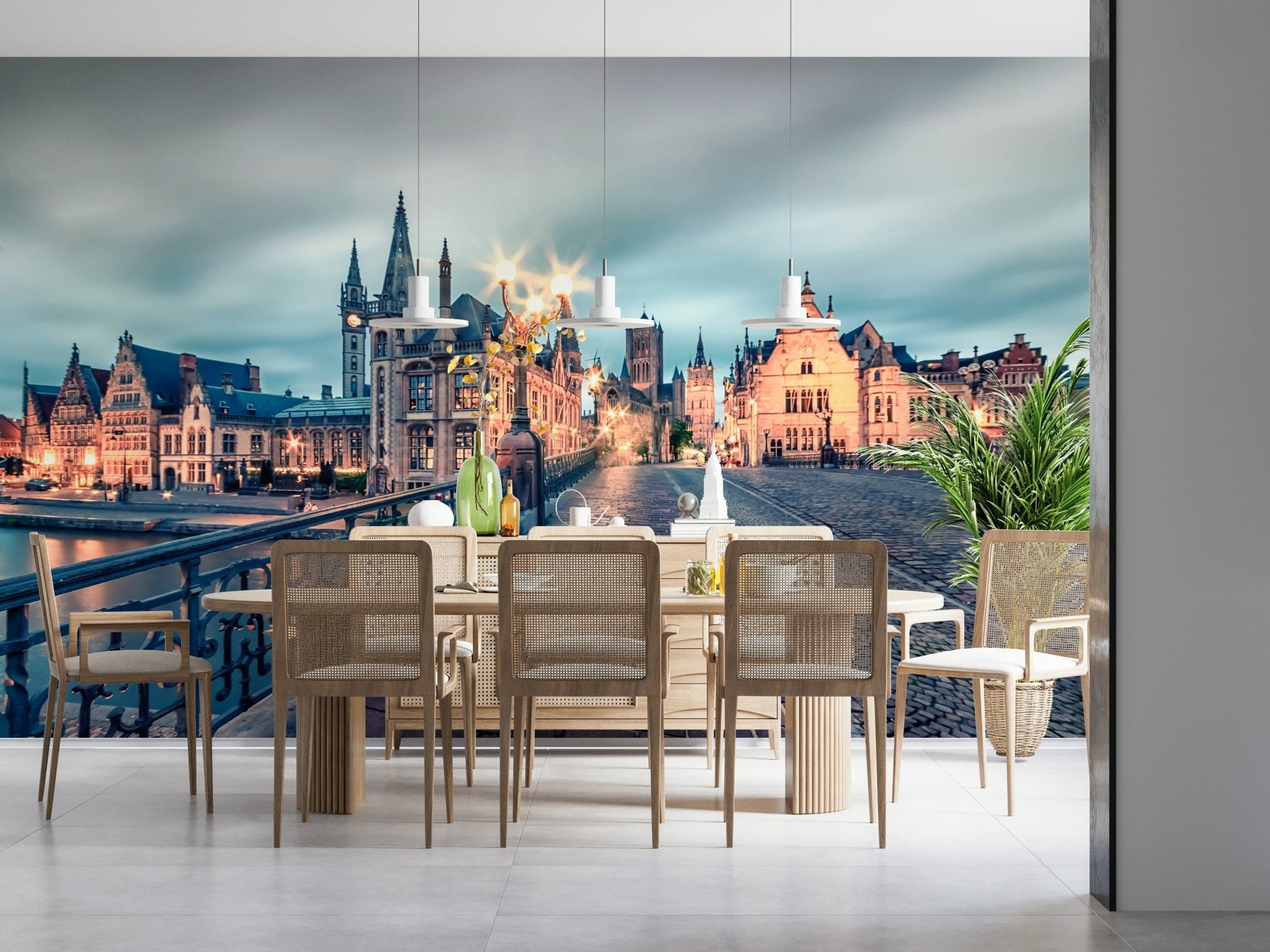 Framed beneath an arched ceiling, Ghent's Twilight Glow Wall Mural creates a graceful focal point, GD7986