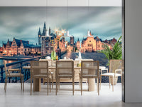 Framed beneath an arched ceiling, Ghent's Twilight Glow Wall Mural creates a graceful focal point, GD7986