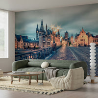 Ghent's Twilight Glow Wall Mural gives this lounge a moody canal-side city backdrop, GD7986