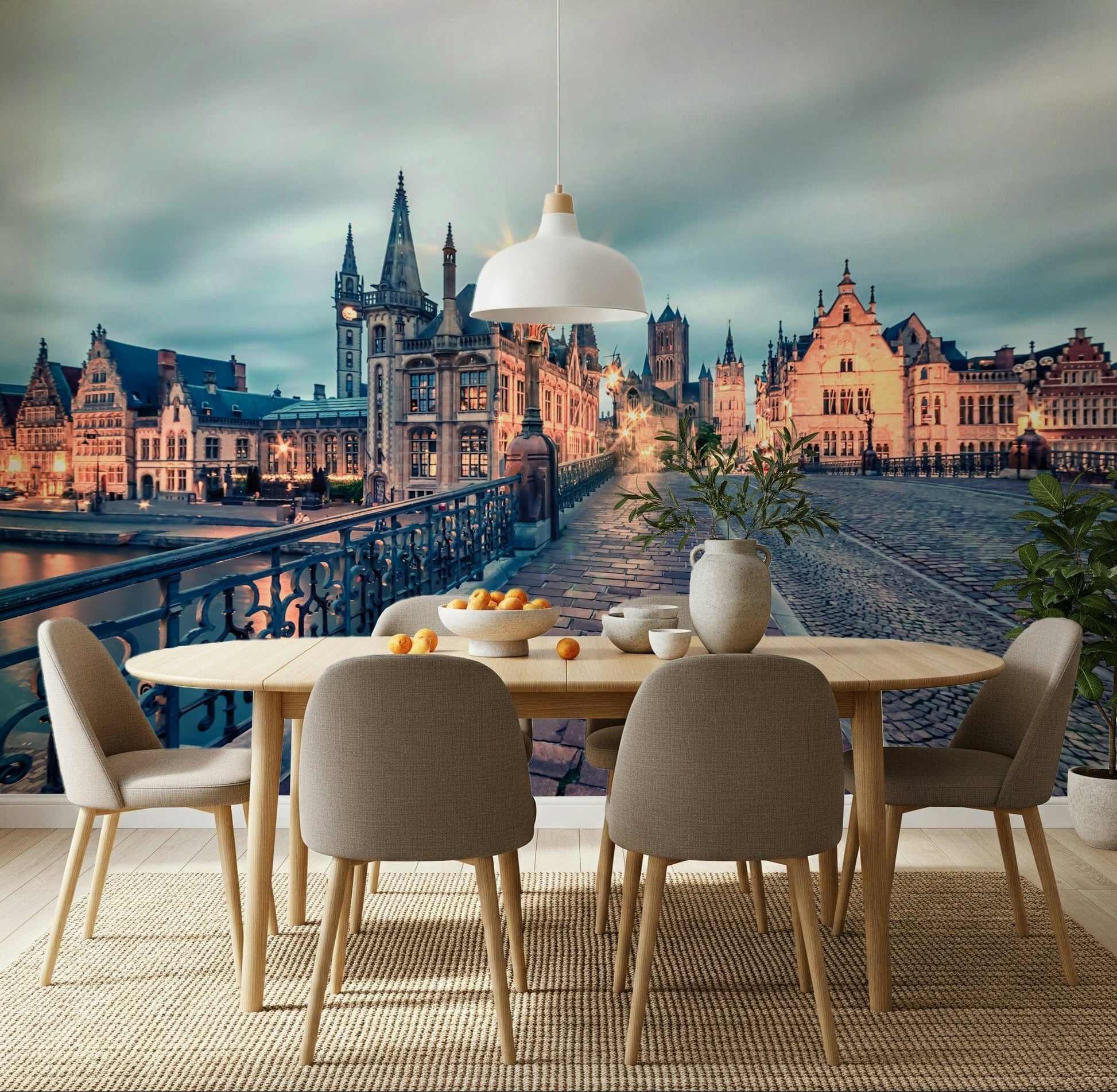 Ghent's Twilight Glow Wall Mural brings old-world evening charm into this dining space, GD7986