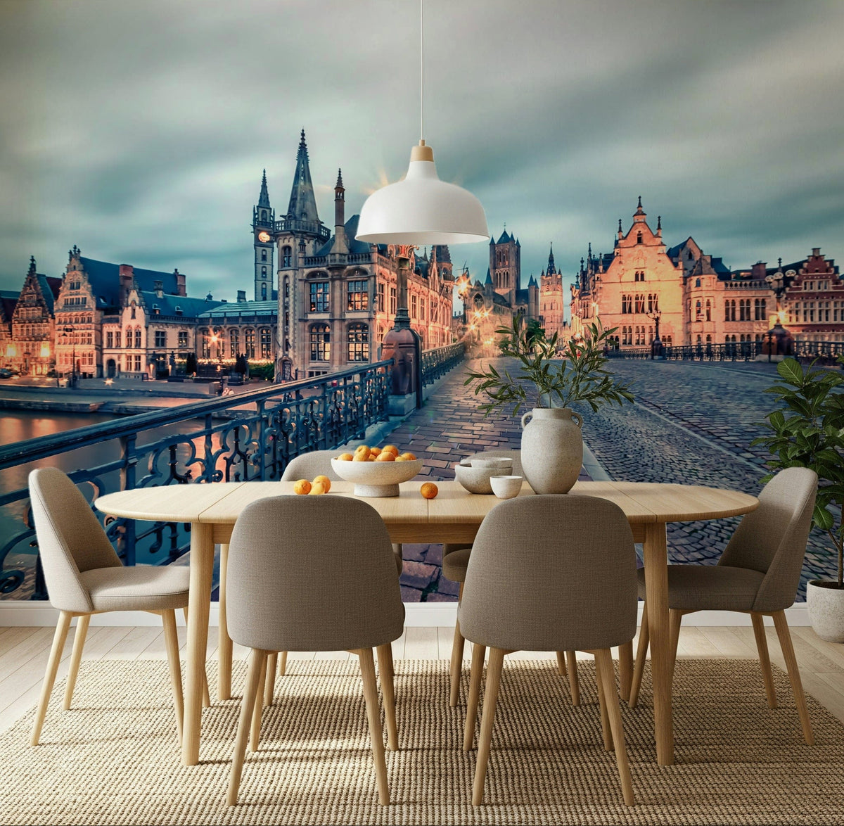 Ghent's Twilight Glow Wall Mural brings old-world evening charm into this dining space, GD7986