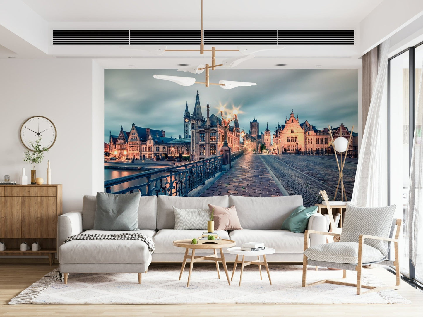 This airy living room feels richer with Ghent's Twilight Glow Wall Mural in view, GD7986