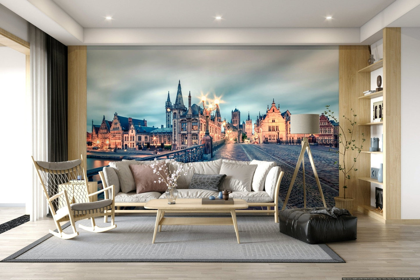 Ghent's Twilight Glow Wall Mural adds historic city depth to this modern Living room, GD7986