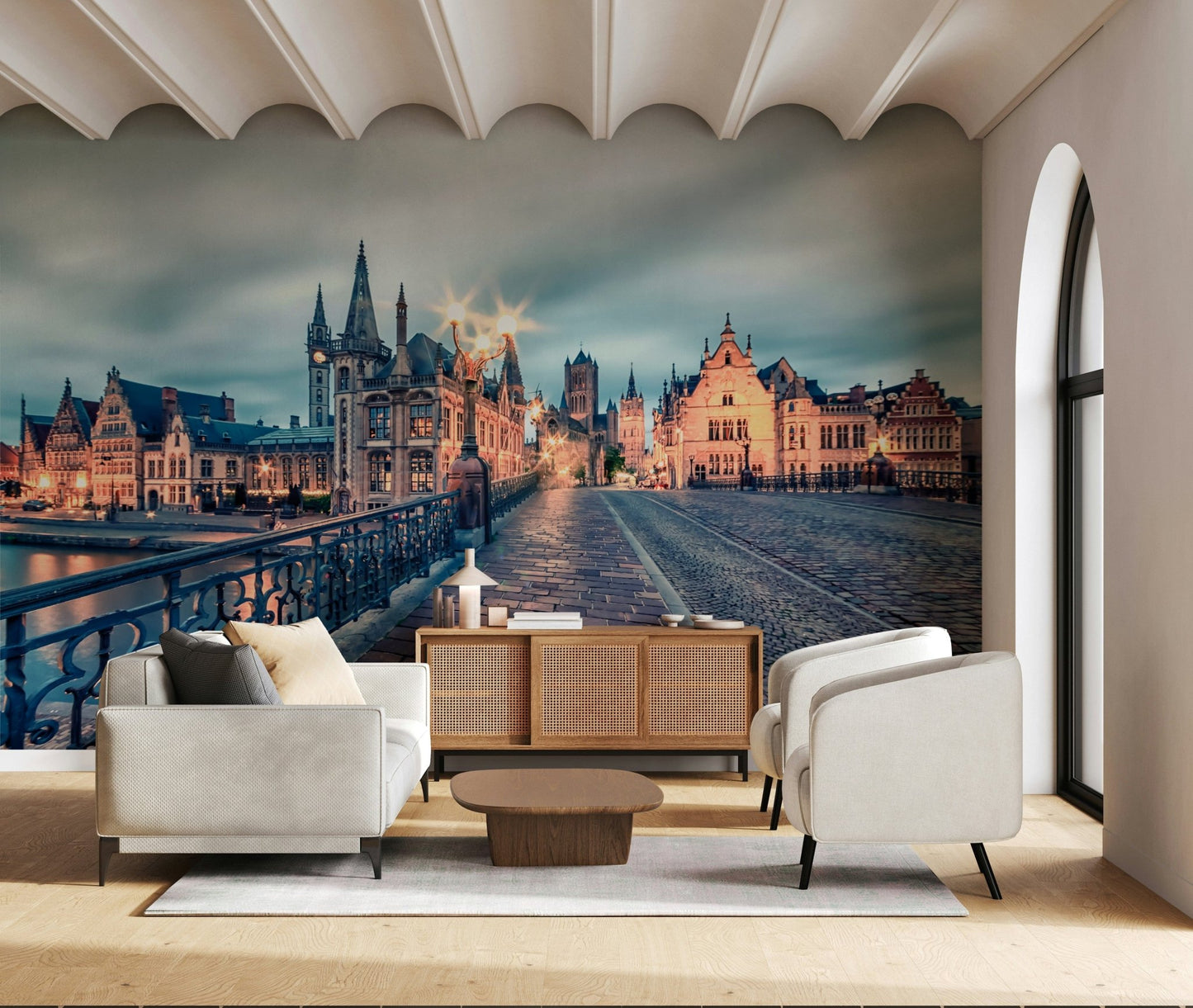 Ghent's Twilight Glow Wall Mural pairs beautifully with this calm sitting area and wood tones, GD7986