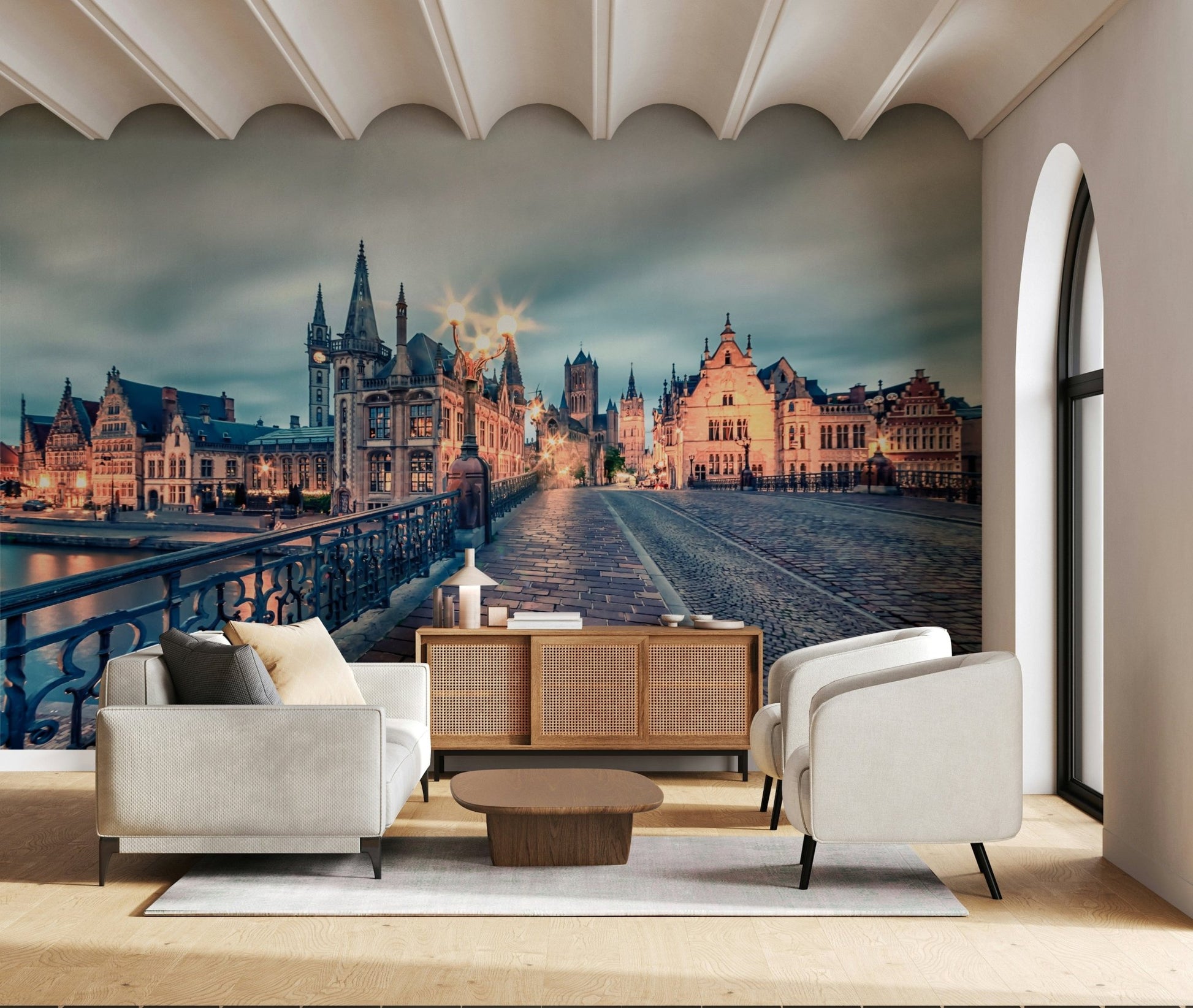 Ghent's Twilight Glow Wall Mural pairs beautifully with this calm sitting area and wood tones, GD7986