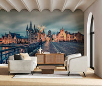 Ghent's Twilight Glow Wall Mural pairs beautifully with this calm sitting area and wood tones, GD7986