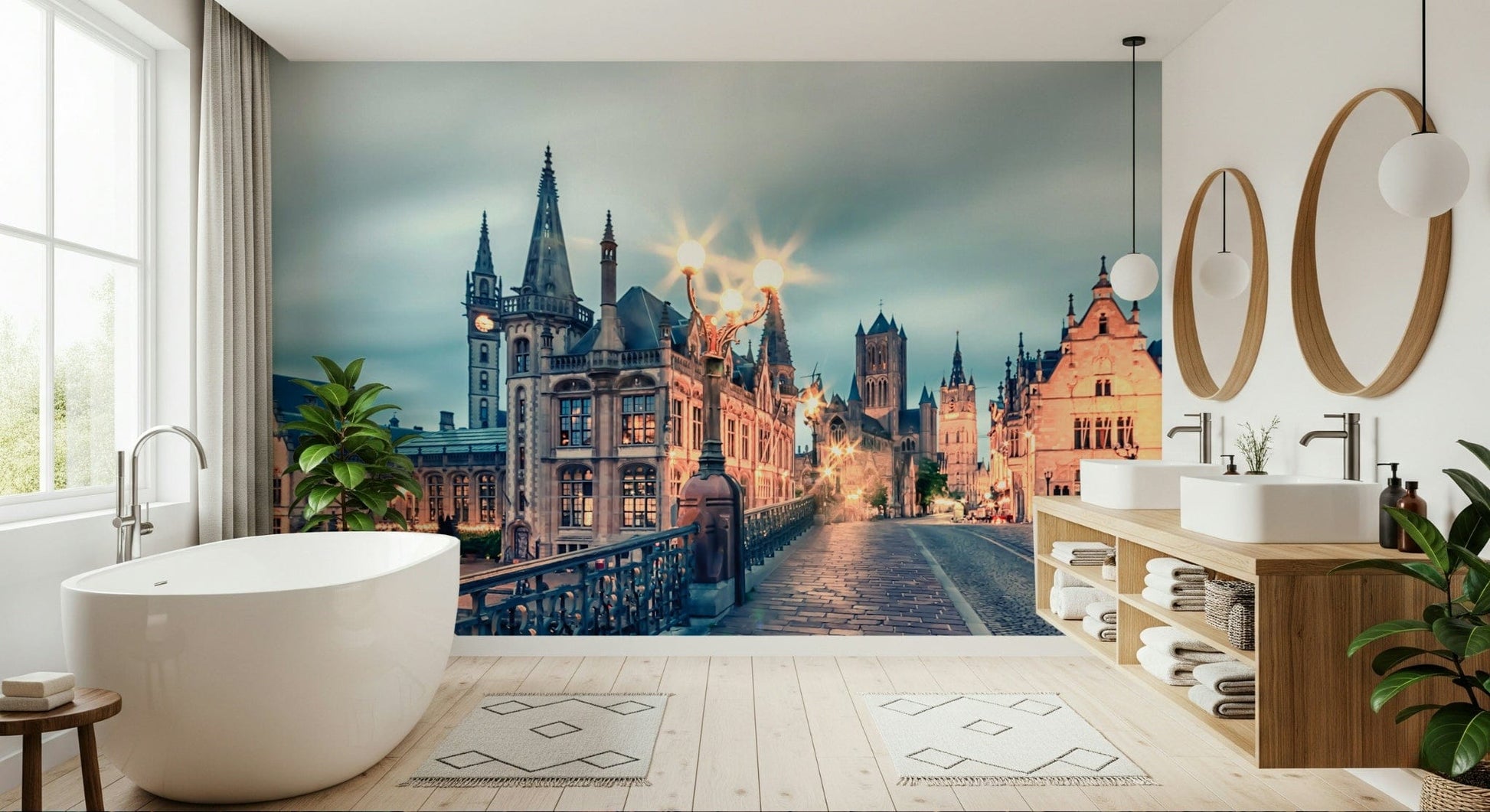 A bright bathroom feels more scenic with Ghent's Twilight Glow Wall Mural on the wall, GD7986