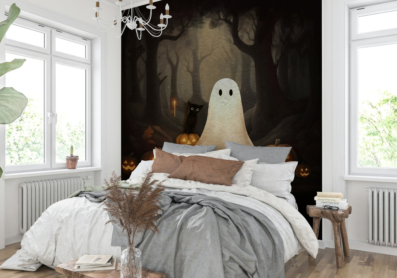 The Ghost and Black Cat Wall Mural on a feature wall.
