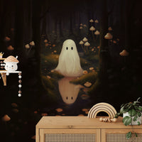 The mural shows a dark, magical forest floor at night.
