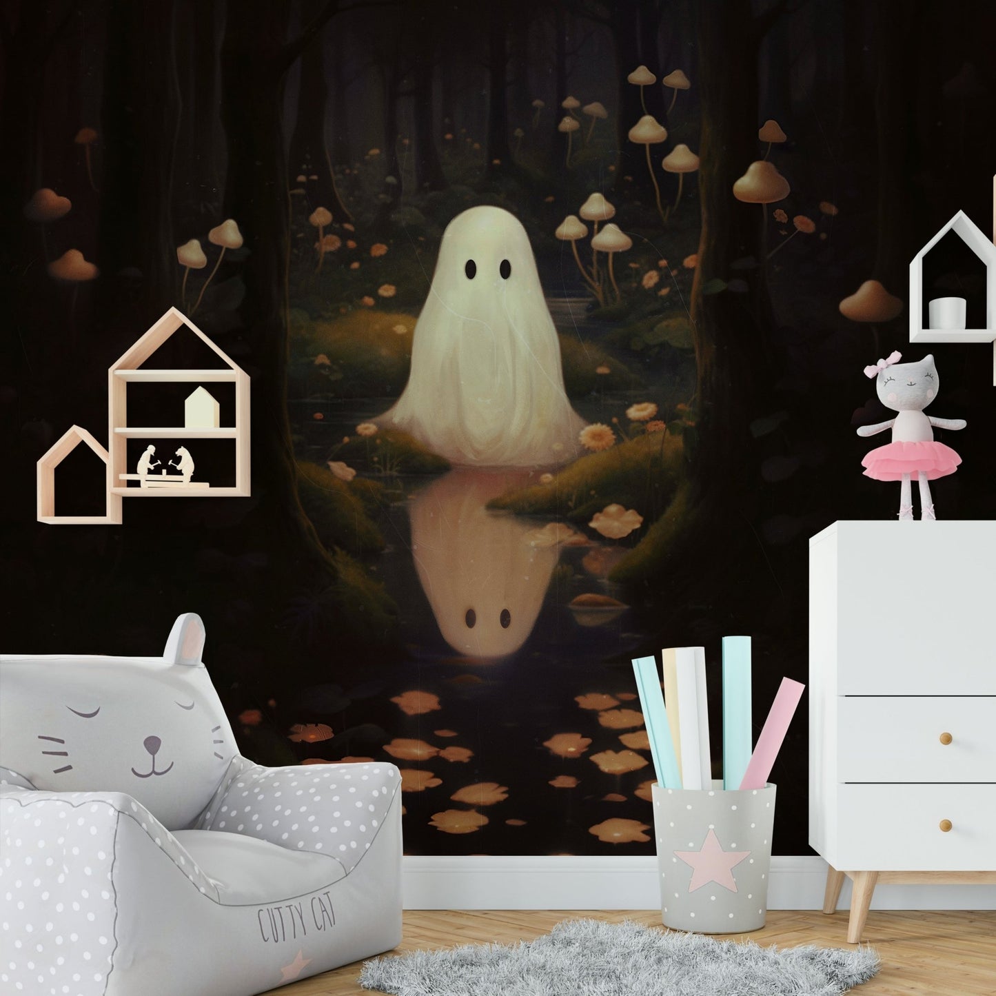 The mushrooms are glowing from within with a soft, bluish-white light.
