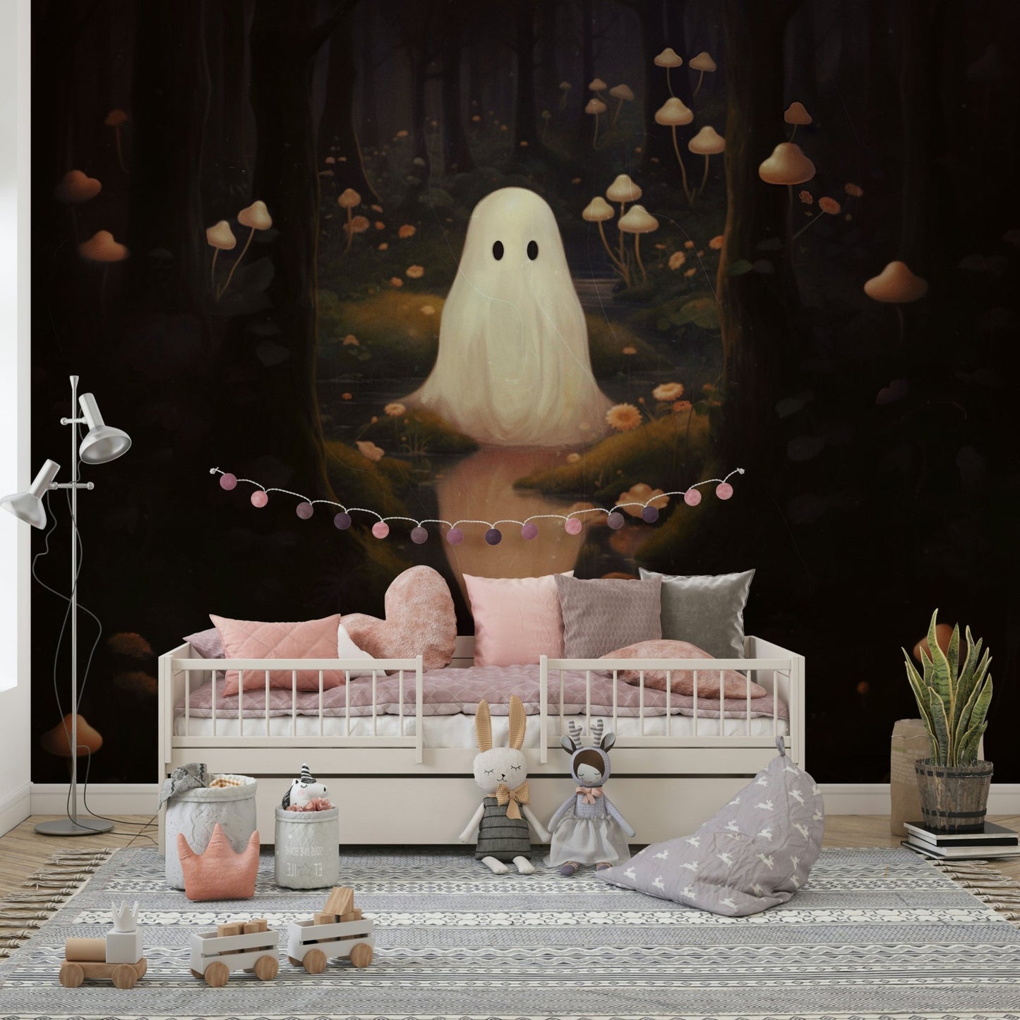 Clusters of various types of mushrooms are the main focus.
