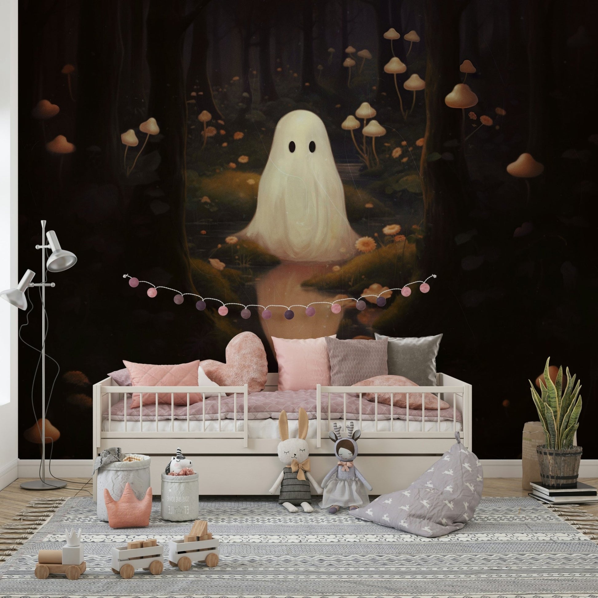 Clusters of various types of mushrooms are the main focus.
