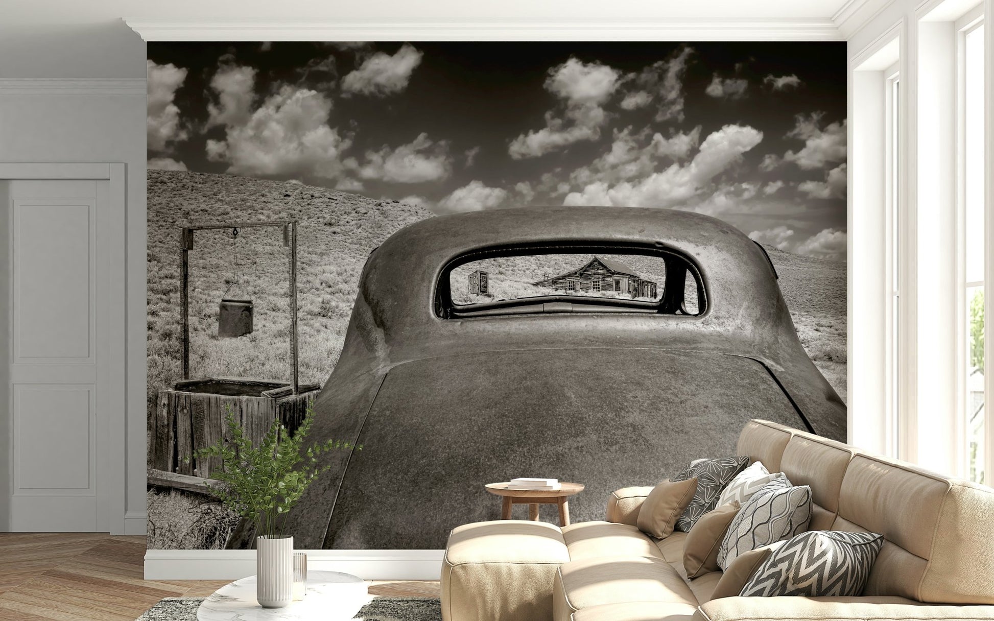 An artistic soft focus mural on minimalist wallpaper.