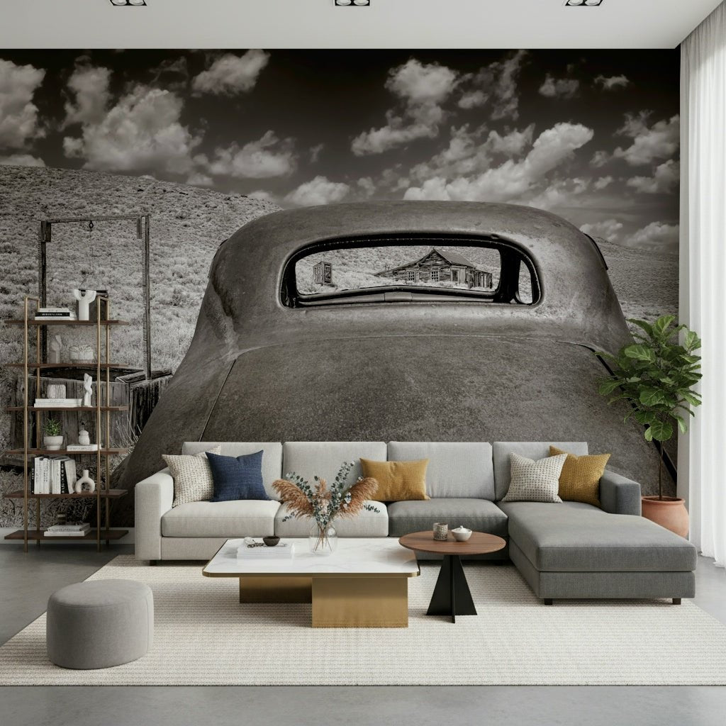 A peaceful modern abstract mural on decorative wallpaper.